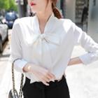 Chiffon Bow Long-sleeve Shirt / High-waist Split Pencil Skirt