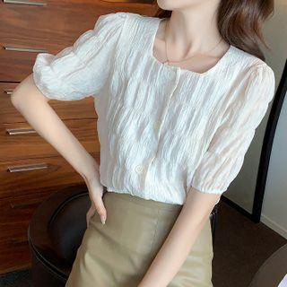 Puff-sleeve Square-neck Plain Chiffon Blouse