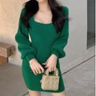 Bell-sleeve Square-neck Knit Mini Dress