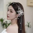 Set: Faux Pearl Flower Fringed Hair Clip + Drop Earring White - One Size