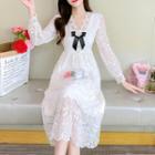 Long-sleeve V-neck Bow Accent Lace A-line Dress