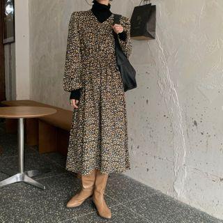 Floral Print Balloon-sleeve Midi A-line Dress / Turtleneck Knit Top