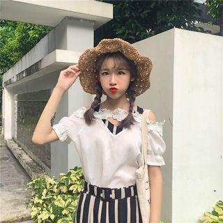 Set: Short-sleeve Cutout Top + Cropped Wide-leg Striped Pants