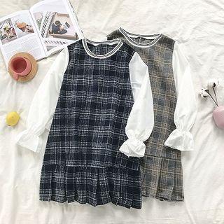 Mock Two-piece Plaid Flare-sleeve Ruffled-trim Dress