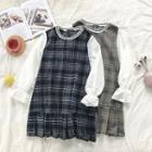 Mock Two-piece Plaid Flare-sleeve Ruffled-trim Dress