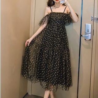 Elbow-sleeve Cold Shoulder Patterned Mesh A-line Midi Dress