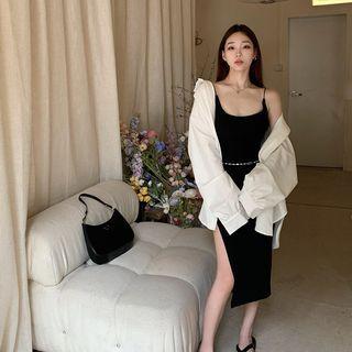 Spaghetti-strap Plain Slit Sheath Dress / Shirt