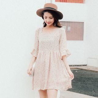 Elbow-sleeved Floral A-line Chiffon Dress