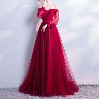 Off Shoulder Sheer A-line Evening Gown