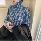 Flora Print Mock-neck Long-sleeve Slim-fit Top Blue - One Size