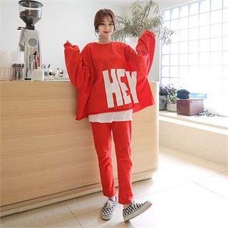 Set: Balloon-sleeve Lettering Sweatshirt + Sweatpants