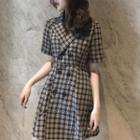 Plaid Short-sleeve Double Breasted A-line Dress