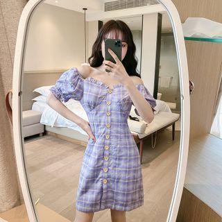 Puff-sleeve Plaid Buttoned Mini A-line Dress