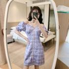 Puff-sleeve Plaid Buttoned Mini A-line Dress