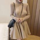 Turtleneck Long-sleeve Faux Leather Panel Mini Knit Dress