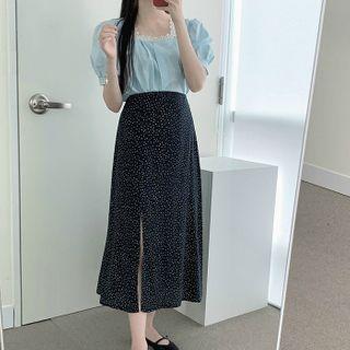 Lace Trim Short-sleeve Top / Dotted Midi A-line Skirt