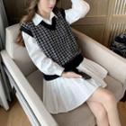 Plaid Knit Vest / Long-sleeve Pleated Shirtdress