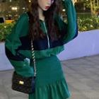 Set: Two-tone Zip-up Jacket + A-line Skirt