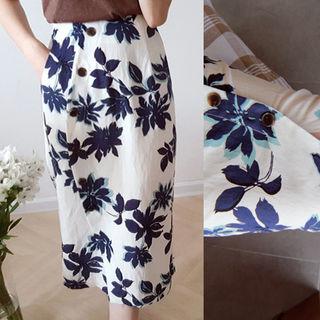 Button-trim Floral Print Skirt