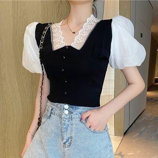 Puff-sleeve Lace Trim Knit Top