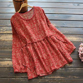 Floral Print Drawstring Blouse Red - One Size