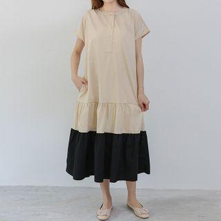 Short-sleeve Two-tone Midi A-line Dress Khaki - One Size