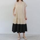 Short-sleeve Two-tone Midi A-line Dress Khaki - One Size