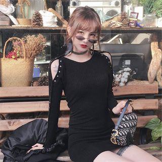 Button-sleeve Mini Sheath Knit Dress