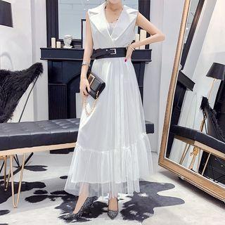 Sleeveless Mesh Overlay Coatdress
