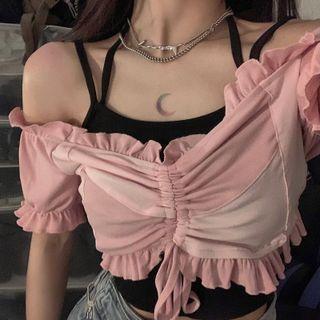 Short-sleeve Frill Trim Drawstring Crop Top