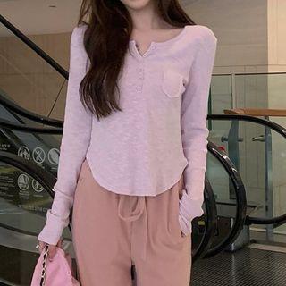 Long-sleeve Henley / Distressed Wide Leg Pants