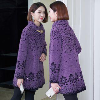 Flower Print Faux-fur Snap-button Coat