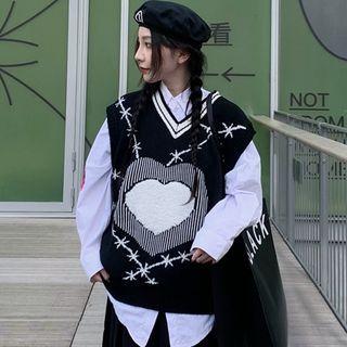 Heart Jacquard Sweater Vest Black - One Size