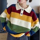 Striped Knit Polo Shirt Stripe - White & Yellow & Brown - One Size