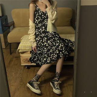 Short-sleeve Cropped T-shirt / Floral Spaghetti Strap Midi A-line Dress / Knit Cardigan