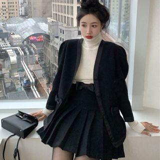 Bow Accent Button-up Jacket / Long-sleeve Turtleneck Top / Mini Pleated Skirt