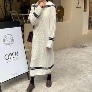 Sailor Collar Cable Knit Midi Sweater Dress