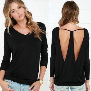 Long-sleeve V-neck Open Back T-shirt