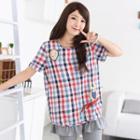 Owl Appliqu  Gingham Short Sleeve Top Red - One Size