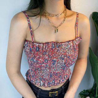 Floral Print Ruched Lettuce Trim Camisole Top Floral - One Size
