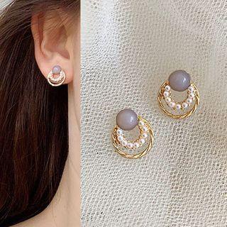 Cat Eye Stone Faux Pearl Earring Stud Earring - 1 Pair - Gray Cat Eye Stone - Gold - One Size