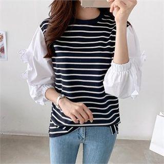 Balloon-sleeve Frilled Stripe Top