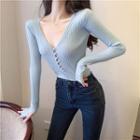 Plain V-neck Single-breasted Faux Pearl Slim-fit Long-sleeve Knit Top