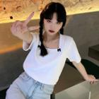 Short-sleeve Bow-accent Square-neck T-shirt White - One Size