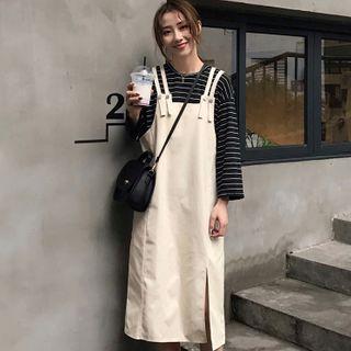 Set: Long-sleeve Striped T-shirt + Strappy Jumper Dress