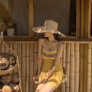 Strap-shoulder Letter Knit Minidress