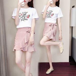 Set: Embroidered Short-sleeve T-shirt + Ruffled Striped Mini Skirt