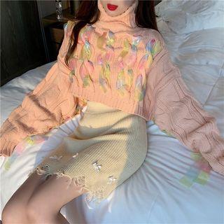 Ribbon-accent Turtleneck Cable Knit Cropped Sweater