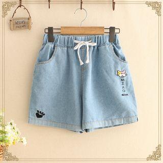 Cat Printed Drawstring Shorts Jeans