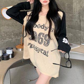 Long-sleeve Lettering T-shirt Black & Khaki - One Size